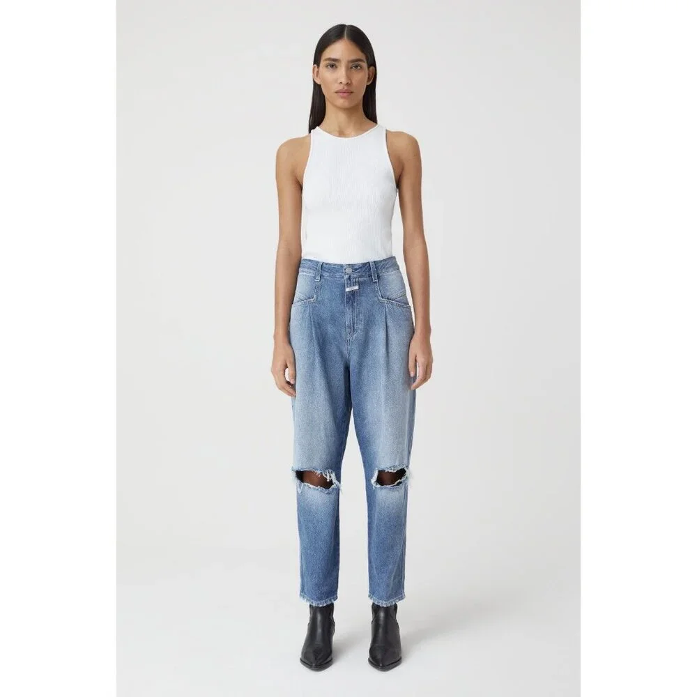 🆕 CLOSED Pearl High Rise Distressed Tapered Denim Jeans Blue 31 - Picture 1 of 16